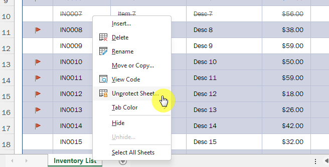 Unprotect sheet option from the sheet tab