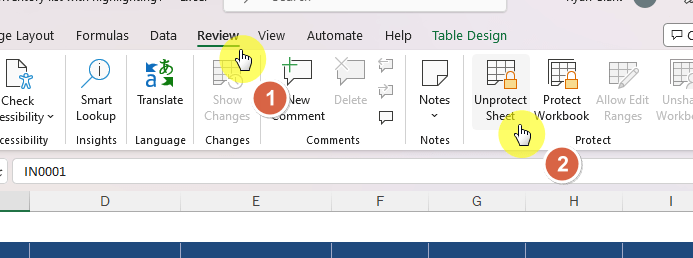Unprotect sheet button from the review tab