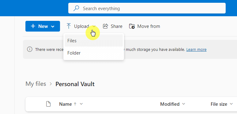 Upload button then select files or folder