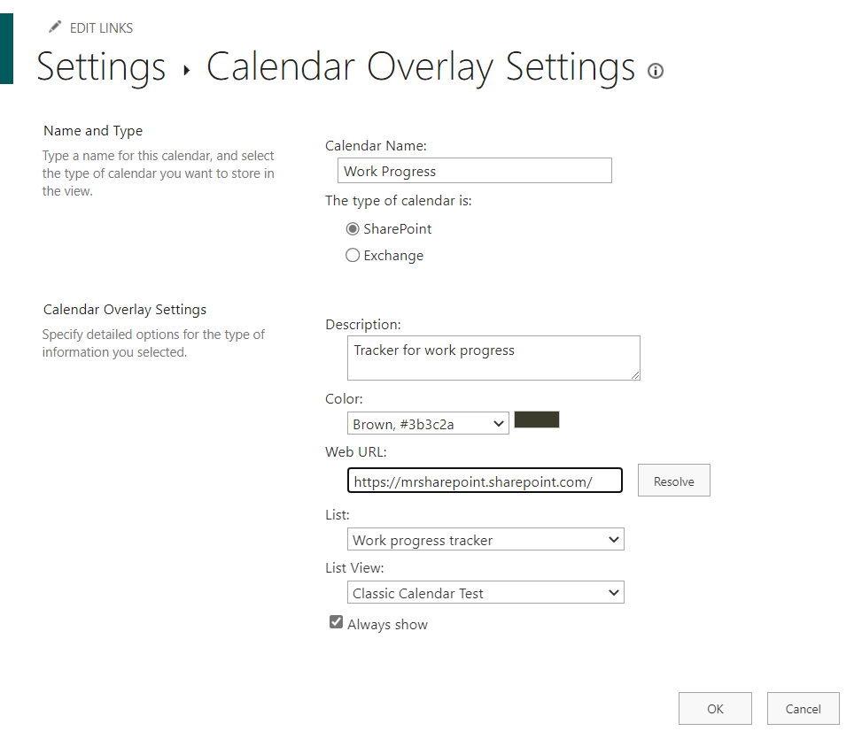 Settings for a new calendar overlay