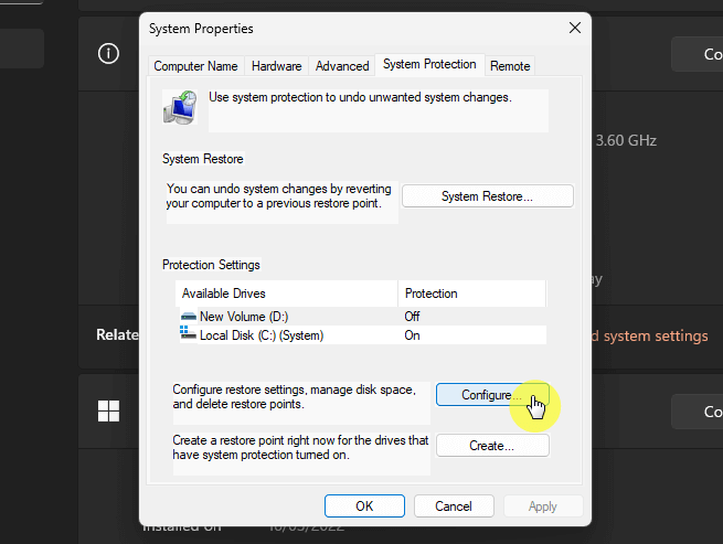 Configure restore settings, manage disk space, and delete restore points