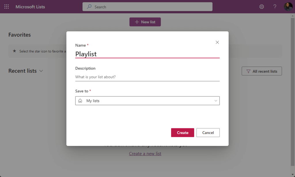 Create a new playlist on Microsoft Lists