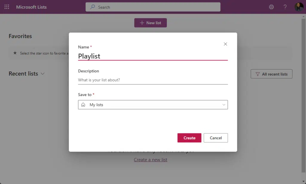 Create a new playlist on Microsoft Lists