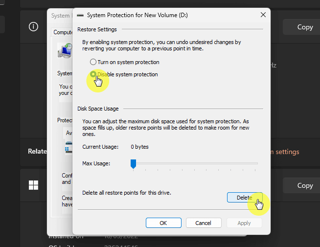 Delete all restore points for this drive