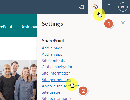 Go to SharePoint site permissions