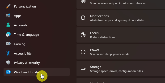 System settings - Windows update