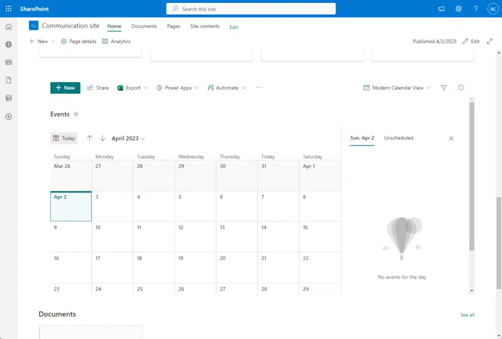 Preview of embedded calendar