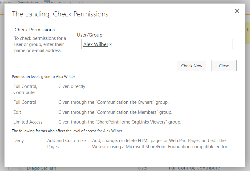 Permission levels given to user