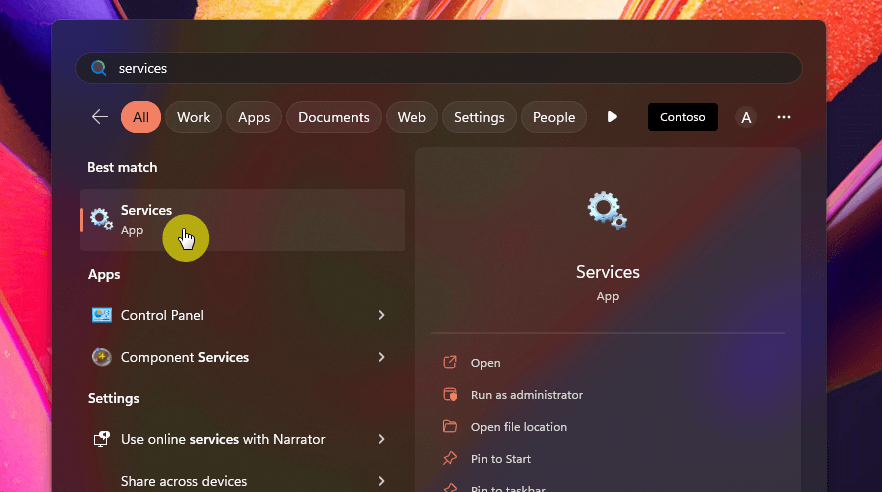 Find services in the taskbar