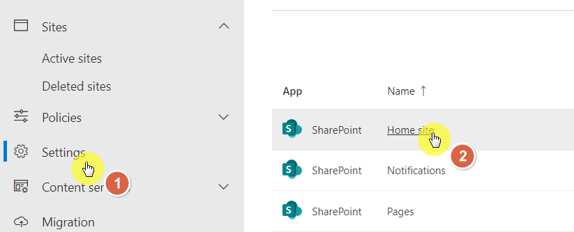 Settings page in the admin center