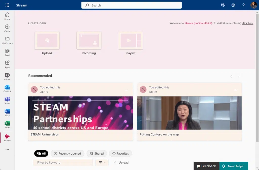 The start page of MS Stream