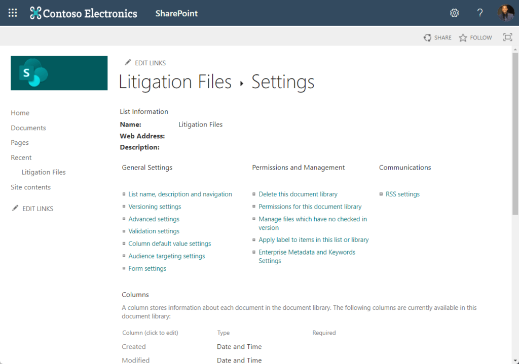Litigation files library settings