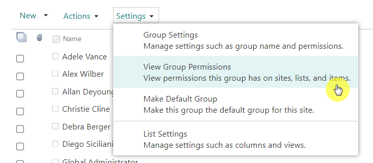 View permissions this group has on sites, lists, and items.