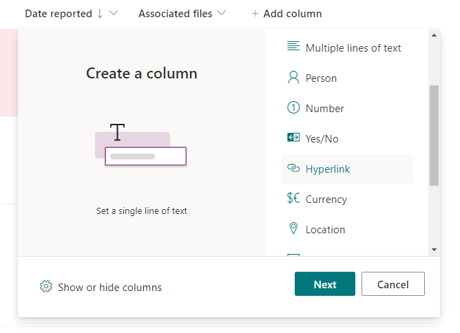 add a new hyperlink column to the list