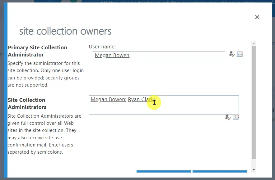 new site collection admin for megan