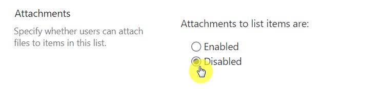attachments to list items are disabled