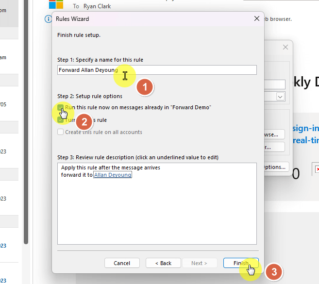 Finish the rule setup in Outlook