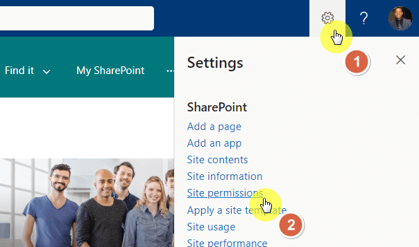 Site permissions from the gear icon