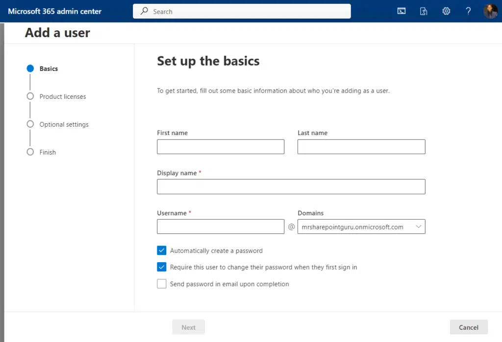 to get started, fill out some basic info about the user