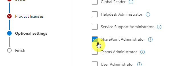 Assigning a SharePoint admin role to a new user