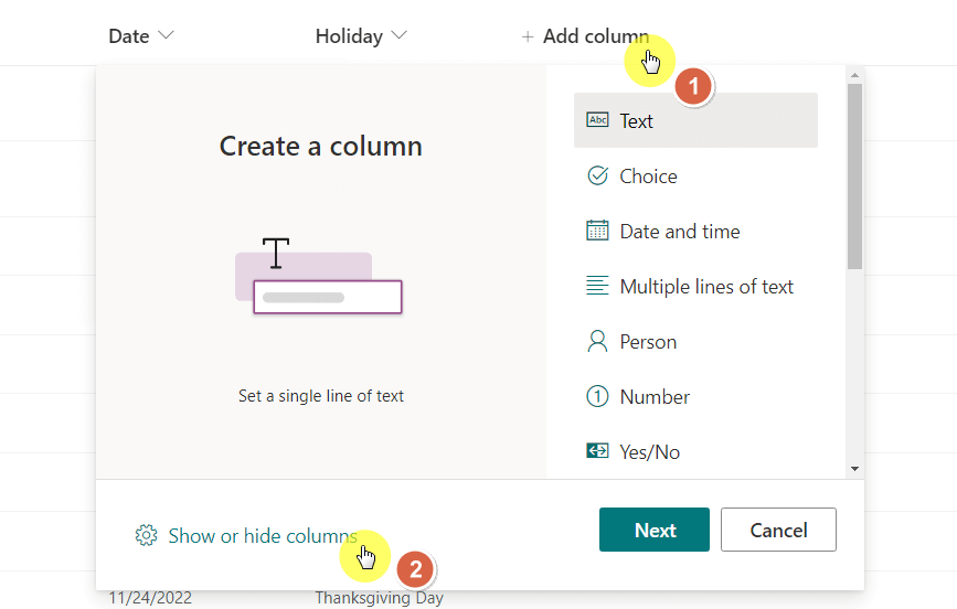 toggle the show or hide columns button