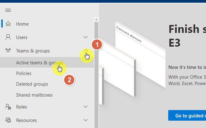 active teams and groups menu