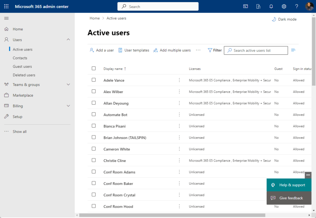 Screenshot of the Microsoft 365 admin center showing the Active users page, listing user names, their license status, and sign-in states in a table format. The sidebar menu is visible on the left.