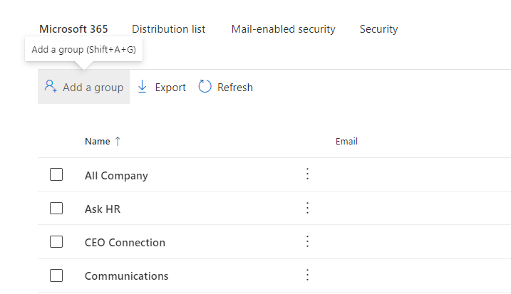 Add a group button in Microsoft 365 admin center