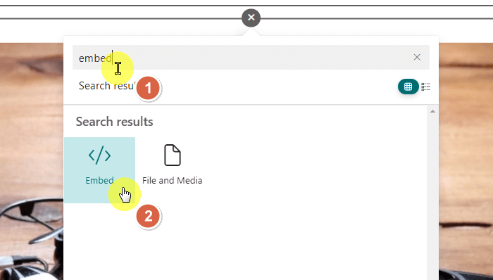 A computer screen shows a search for embed, highlighting Embed under Search results, with two yellow circles marking a mouse pointer and numbered steps.