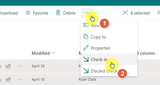 A computer screen shows a file management menu with options including Check in and Discard check out. A cursor points to the menu, and numbered circles highlight the actions. Four items are selected in the background.