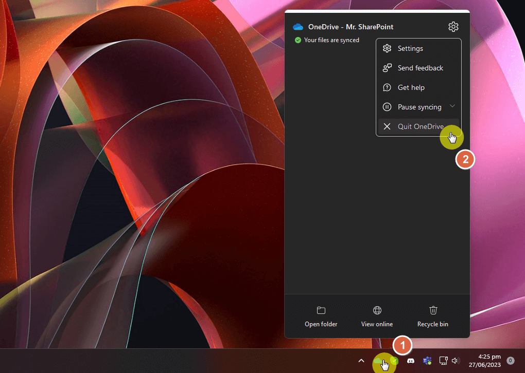 quit onedrive option from taskbar