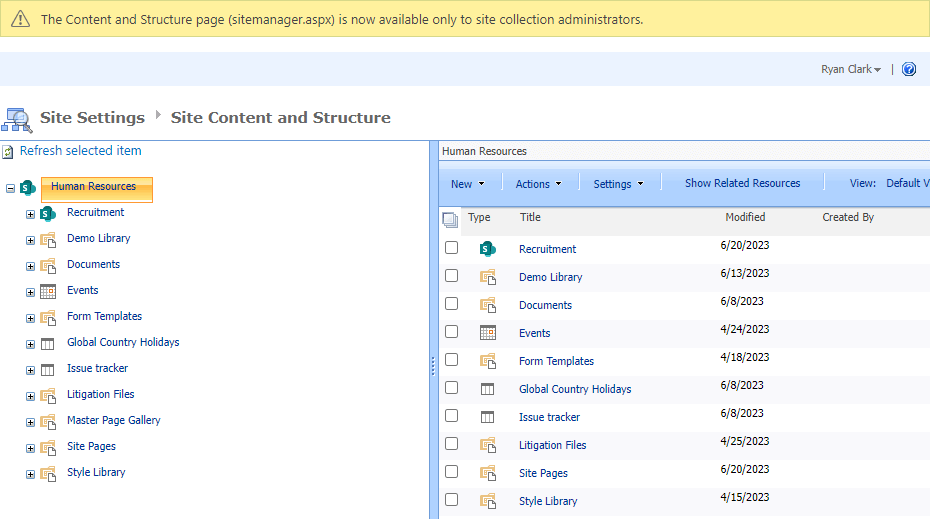 site settings: site content and structure