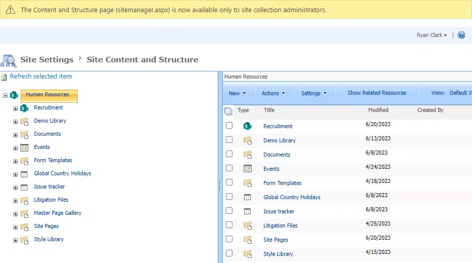 site settings: site content and structure