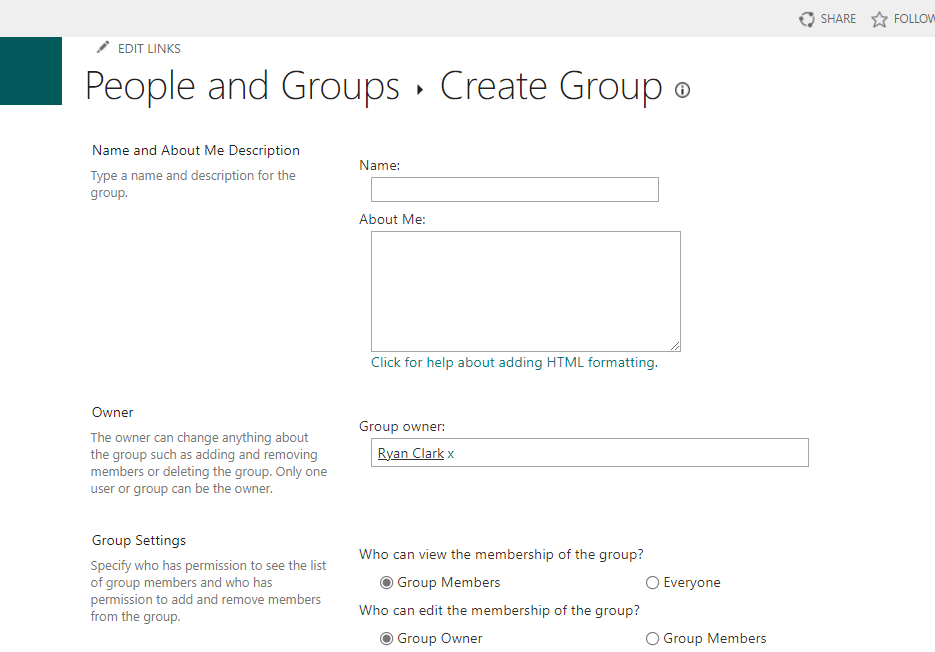 first part of creating a new sharepoint group