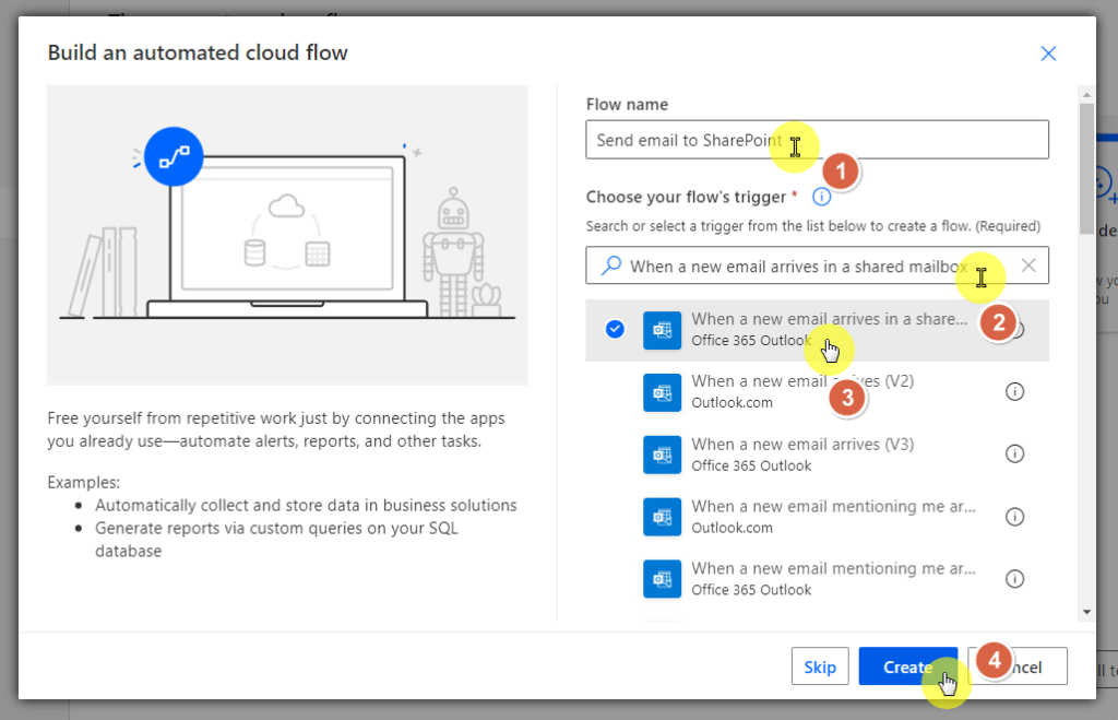search for the when a new email arrives in a shared mailbox trigger