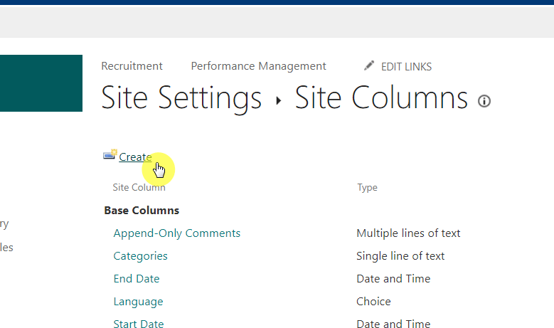button to create site columns