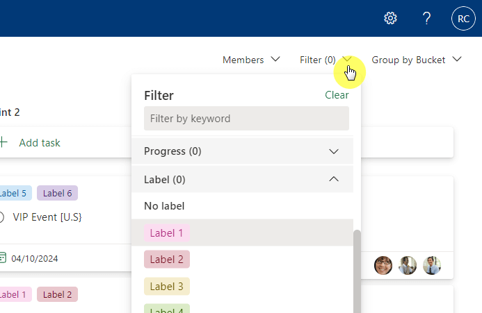 filter button location on planner