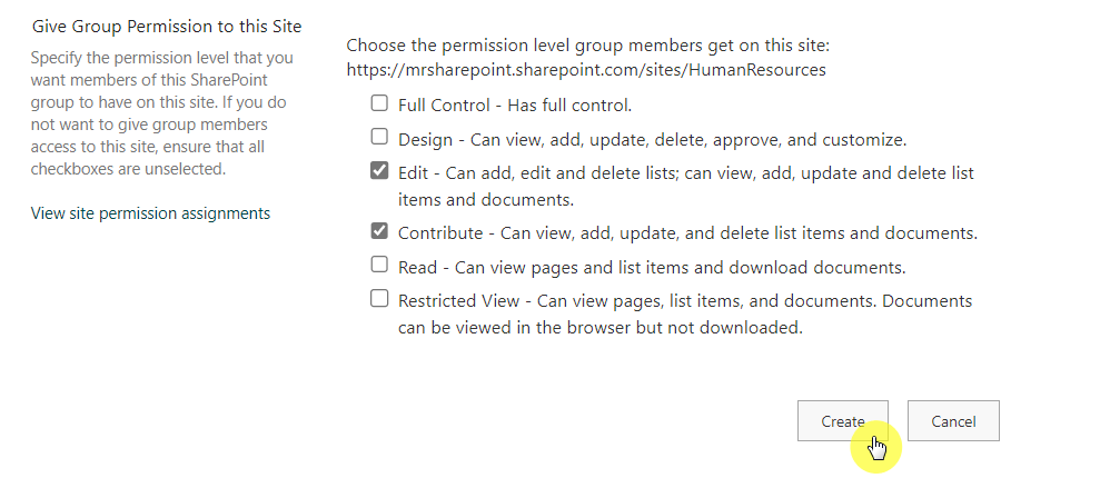 choose the permission level group members get on this site