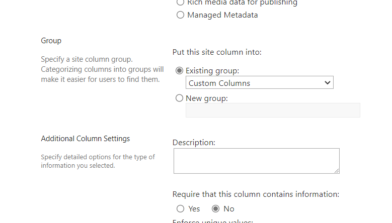 put this site column into a group