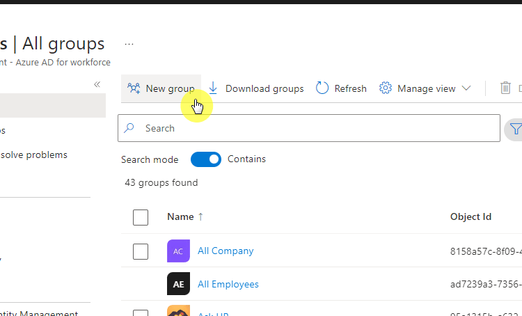 new group button from command bar
