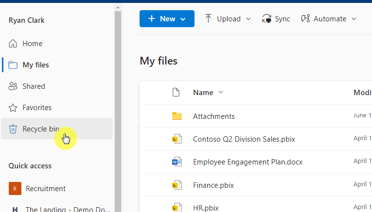 visit the onedrive recycle bin