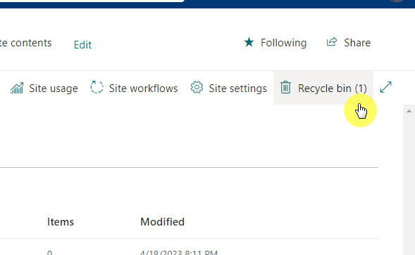 go to the recycle bin from the site contents