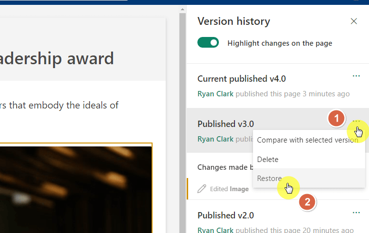restore published version 3.0 in sharepoint online
