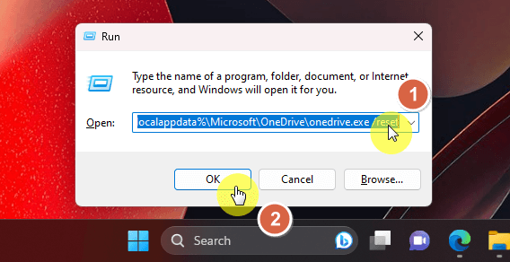 use the dialog box to reset onedrive