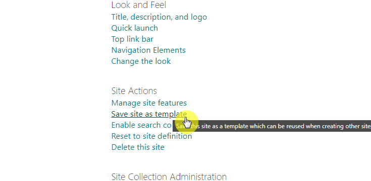 link for saving the site as a template