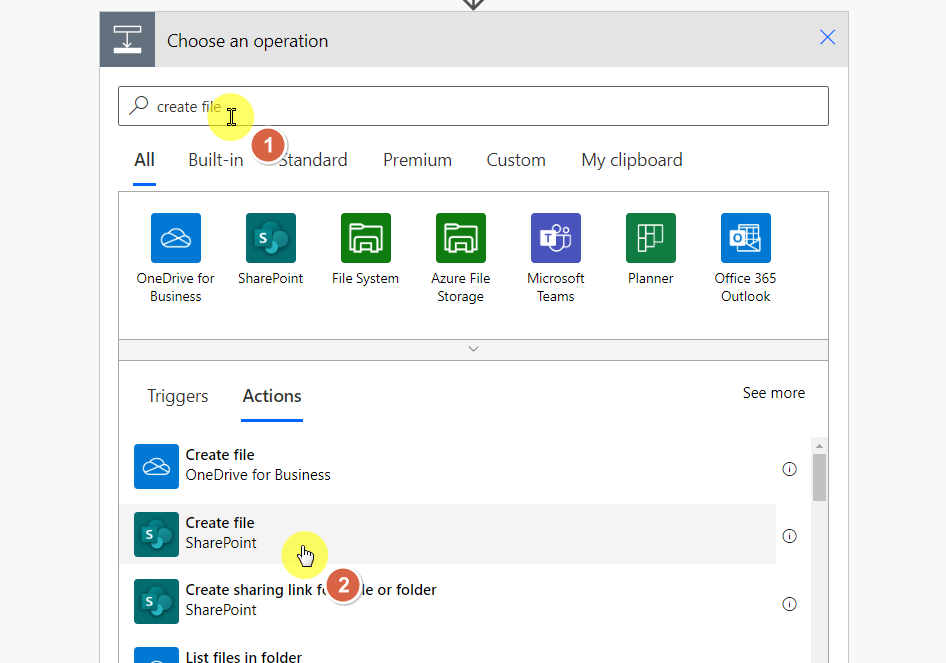 select create file action