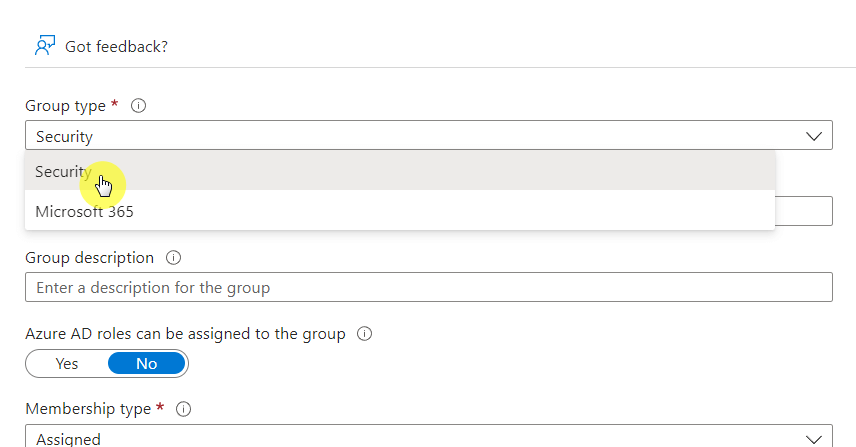 select the security group type option