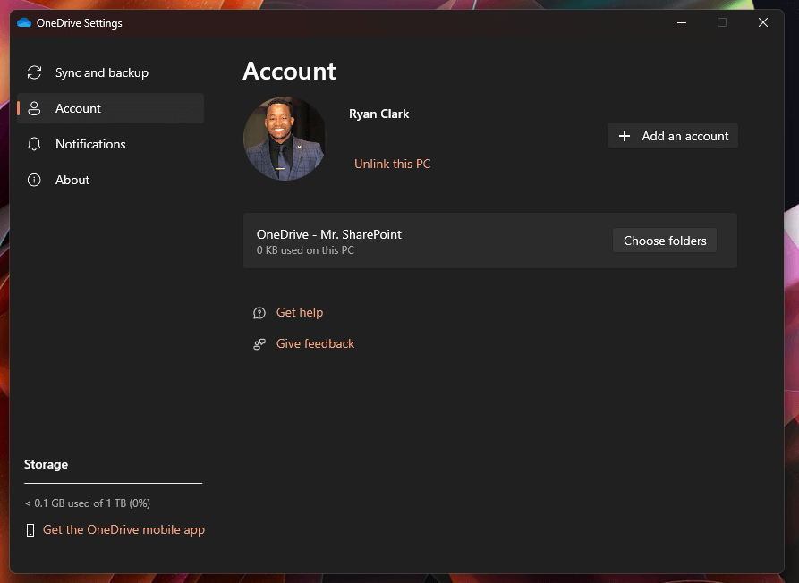account tab settings for onedrive