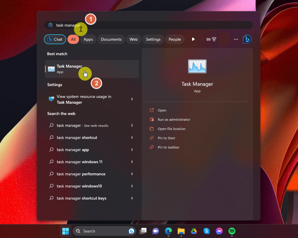 search for the task manager in windows