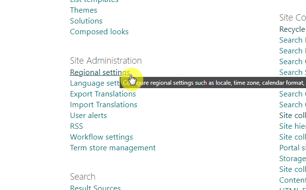 site administration to regional settings